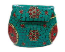 SEA GREEN MOSAIC WORK PURSE METAL CLUTCH INDIAN HANDMADE