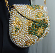 Pearl stone mosaic metal clutch purse