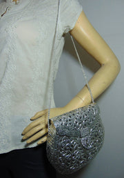 Hand carving silver plating Women metal clutch Bag