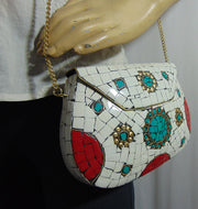 White & Red Multicolor Mosaic Clutch Bag