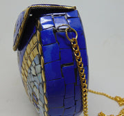 Blue White Mosaic shell Metal Clutches