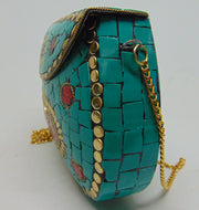 Ethnic Stone Mosaic Metal Clutch Purse