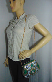 shell  Mosaic Stone Metal Clutch Purse