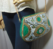 shell  Mosaic Stone Metal Clutch Purse