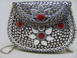 Red Resin stone Siver Metal Clutch gold  Bag