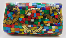 Multicolor Mosaic stone metal square bag