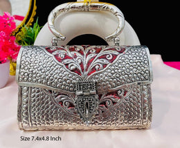 Metal Handle silver Clutch Bag with meena work