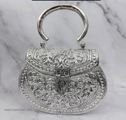 Women Silver Brass Metal Bridal Clutch Sling Bag