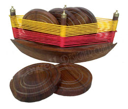 WOODEN COASTER SET WITH DECORATED BASKET