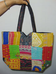 Kantha stitch assorted fabric tote bag