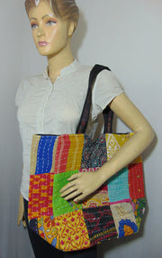 Kantha stitch assorted fabric tote bag