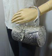 Brass Hand Carving Silver Plated Round Box Clutch
