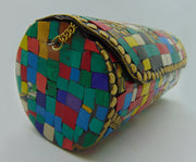 Multicolor Cylindrical Mosaic metal clutch bag