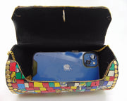 Multicolor Cylindrical Mosaic metal clutch bag