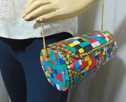 Multicolor Cylindrical Mosaic metal clutch bag