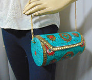 Green Cylindrical Mosaic metal clutch bag