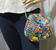 Multicolor Mosaic stone metal square bag