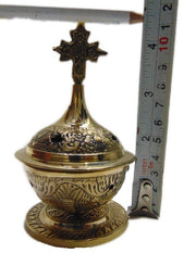 Embossed Cross Sign Metal Incense Burner Brass