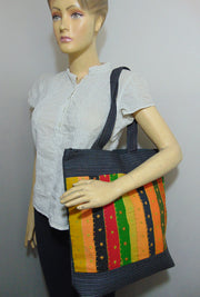 Hand embroidery stripe Cotton tote bag