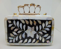 4ring stone handle mother of Pearl & resin clutch metal purse bag