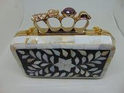 4ring stone handle mother of Pearl & resin clutch metal purse bag