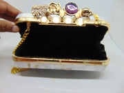 4ring stone handle mother of Pearl & resin clutch metal purse bag