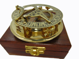 Antique Brass Sundial Compass Lid Wood Box gift