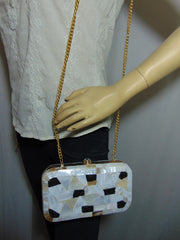 Mother of pearl stone metal frame clutch box