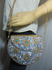 Pearl stone mosaic metal clutch purse