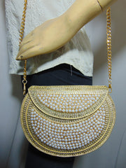 Pearl stone mosaic metal clutch purse