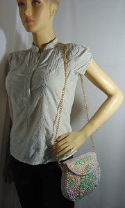Pearl stone mosaic metal clutch purse