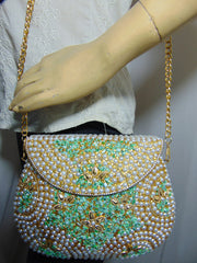 Pearl stone mosaic metal clutch purse