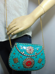 Green white Clutch Mosaic Metal Clutch Purse
