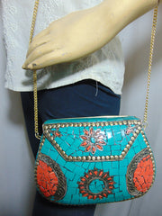 Green white Clutch Mosaic Metal Clutch Purse