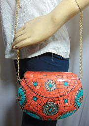 Orange Stone mosaic metal bag ethnic clutch