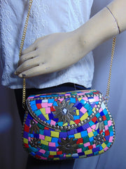 Multi Handmade metal Mosaic stone purse clutch