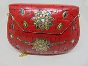 Red Stone mosaic metal bag ethnic clutch
