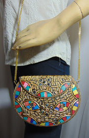 Eye pattern Golden brass motif mosaic metal clutch