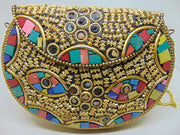 Eye pattern Golden brass motif mosaic metal clutch