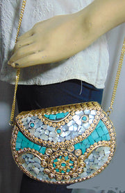 Stone shell mosaic metal bag ethnic bridal clutch