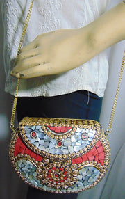 Stone shell mosaic metal bag ethnic bridal clutch