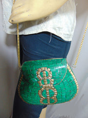 Ethnic Stone Mosaic Clutch Bag Metal Purse