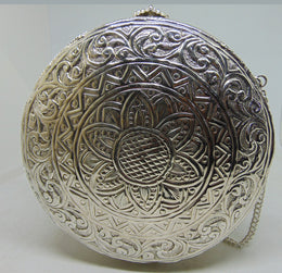 Silver metal embossed handmade box round clutch