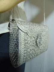 Hand carving Party wallet White Metal  silver brass Women clutch Bag