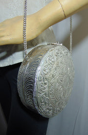 Silver metal embossed handmade box round clutch