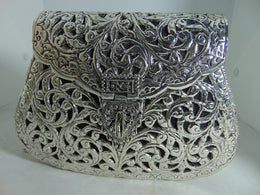 Hand carving silver plating Women metal clutch Bag