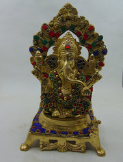 Hot Selling Luxury Polished Metal Brass Lord Ganesha On Throne Height 9 Inch  Brass Statue Meenakari