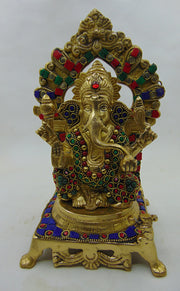 Hot Selling Luxury Polished Metal Brass Lord Ganesha On Throne Height 9 Inch  Brass Statue Meenakari