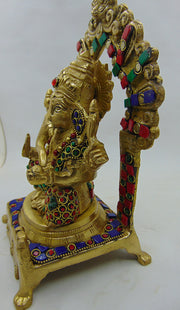 Hot Selling Luxury Polished Metal Brass Lord Ganesha On Throne Height 9 Inch  Brass Statue Meenakari