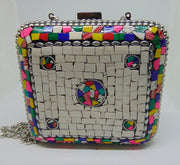 Clutch White & Multi Mosaic Metal Women Purse